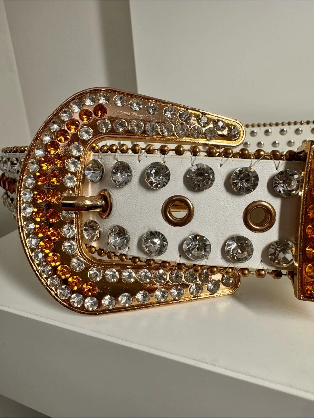 New/In Box White Crystal-Embellished Belt with Gold Buckle